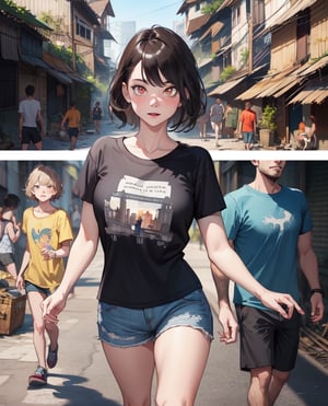 Sharp focus, dramatic, photorealistic painting art by midjourney, 2 kids playing,  (t-shirt:1.2),(shorts), ((city slums)), (looking at viewer:1.2), (detailed pupils:1.3), wat3rc0l0r