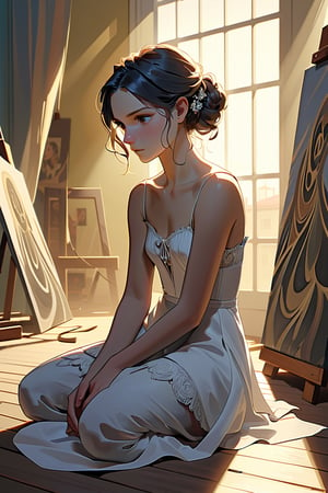 In a warm, golden light, a beautiful, sorrowful woman sits pensively, her face a canvas of emotions, with every line and curve speaking volumes of her pain. Softly rendered brushstrokes, reminiscent of Gerald Brom's masterpieces, capture the delicate play of shadows on her skin. The subject's gaze is downcast, as if weighed by the heaviness of her sorrow, while the background fades into a gentle haze, allowing the viewer's focus to remain solely on her poignant expression.
