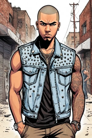 A color pen ink-manga-style illustration of a brown-skinned male gangster with one side scarred head and buzz cut, nastily gazing directly at the viewer. He sports a studded sleeveless denim jacket, black Tee with skinny cargo pants, one eyebrow pierced. The background is a rundown alley scene, adding to the gory urban atmosphere. The focus is solely on his stance, framed by a subtle border. An edgy touch to this 2 tone chromatic portrait.