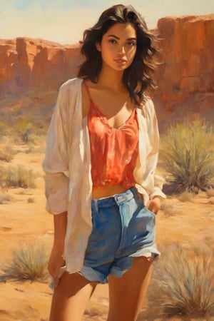 masterpiece oil painting of a full-body portrait of a young Mexican model, (age 25, gorgeous face, smooth soft skin, looking at viewer, light make up, (outdoors, in desert, in the morning, background:1.4)