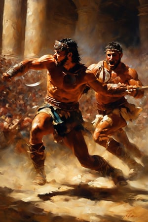 masterpiece, high quality, deep shadow, in the dark, oil painting style, 2men, gladiators, battle in the crowded coliseum arena, Dust and gravel, fly off their sandals, their chiseled bodies, muscular arms of strength, aggressive duel stance, the scene captures the grit and details of the players, the excitement of the crowd, an era that transcends from history.