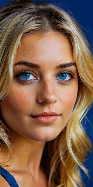 A close-up shot of a British blonde girl, set against a bright blue background with bold brushstrokes and vivid hues, capturing the essence of her lively nature. She sits confidently, gazing directly at the camera with a mischievous grin, her tinted hair styled in loose waves framing her striking features. The lighting is warm and vibrant, highlighting the golden undertones of her skin and the rich colors of her bluish-Grey eyes.