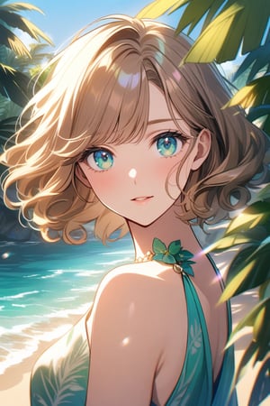 A close-up shot of the stunning woman's face, her curly light brown hair gently swaying as she basks in the warm sunlight. Her bright blue-green eyes, sparkling with curiosity, meet the viewer's gaze directly. The vibrant colors of her dress pop against the soft sand and tropical foliage of the beach club backdrop, adding a sense of luxury and drama to the scene.