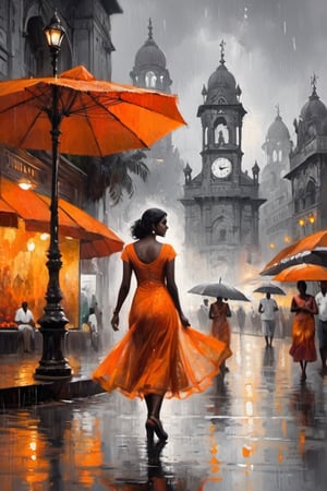 Misty evening drapes Mumbai Flora Fountain cityscape in gray veil; a monochrome silhouette woman, adorned in a striking orange dress, twirls on the rain-soaked streets' rhythmic beat. Vibrant colored store banners illuminate brightly by raindrops' refracted light. Reflections dance across wet pavement, harmonizing with the artist's brushstrokes to create captivating visual symphony.