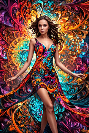 An attractive woman, wearing a clingy random fractal design dress, creates a mesmerizing visual spectacle, medium breast, vibrant colors. The vibrant colors and abstract shapes of the dress accentuate the woman's curves and create an illusion of depth and movement that enhances her allure and sensuality