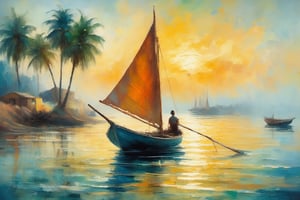 A serene Indian-inspired watercolor scene: A Fishermen on their traditional boat, with a long staff to manouvere the boat gently as it sways. Bold brushstrokes dance across the canvas, blending rich colors to evoke the vibrant spirit of Indian culture. The surrounding landscape is dotted with coastal bank, fish Bazar, lush palm trees, their feathery fronds rustling softly in the breeze. A majestic bright, lively sky depicted by the brushstrokes.