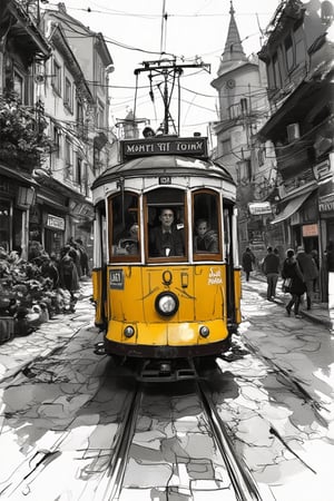 A grey-dark black and white pencil/ink sketch depicts a yellow tram. Against the monochrome Istanbul street backdrop with striking contrast. Captured in a dramatic pose. Creating a captivating portrait.