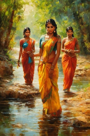 A masterpiece of oil painting style, set in a natural indian village atmosphere. Group of 3revealing wet women bathing, inside the river. 