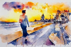 30 years old attractive woman, walking along seaside corniche, sunset, YunQiuWaterColor