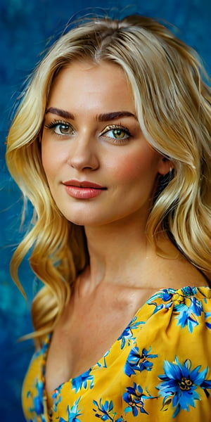 A full shot of a Russian blonde girl, a lemon-yellow dress, set against a bright blue background with bold brushstrokes and vivid hues, capturing the essence of her lively nature. She sits confidently, gazing directly at the camera with a mischievous grin, her tinted hair styled in loose waves framing her striking features. The lighting is warm and vibrant, highlighting the golden undertones of her skin and the rich colors of her bluish-Grey eyes.