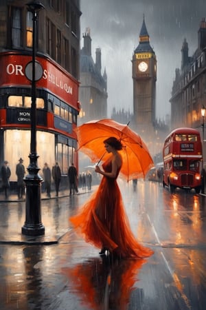 A misty evening drapes the wet London cityscape as a monochrome silhouette woman, dressed in a striking gown, twirls elegantly beneath the rain-soaked streets. The soft glow of streetlights casts a warm ambiance, illuminating the wet pavement's reflective sheen. A vibrant red double-Decker bus glides along the curb, its headlights casting an orange hue on the misty veil. The woman's elegant pose and flowing gown create a dramatic focal point amidst the rain-soaked cityscape.