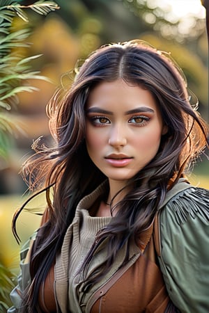 A professional capture with the Sony a7 III camera the female subject's brown features with precision. A half-length facial portrait taken outdoors, the soft smile and slight mouth folds create a warm, inviting atmosphere. Greyish-green eyes shine bright, with medium pupils and minute details on the eyelashes. Hair is meticulously detailed, with softly reflected highlights. Facial expressions are perfectly captured, with natural skin texture and meticulous ear, eyebrow, and eyelash details. Tiny facial hairs add to the realistic portrayal.