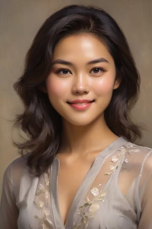 Prompt: A captivating portrait of an attractive Asian woman: A serene subject with an enigmatic smile, lost in the depths of her light brown eyes. Her chiseled features are illuminated by soft, warm light, accentuating the contours of her oval-shaped face. Mid-length, straight locks cascade down her back, wearing a bodysuit during auditions 