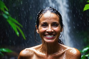 Rain-soaked mid-aged woman, her smile and beauty enhanced the cascading drops reflecting off wet figure and playful splashes  amidst a waterfall in the jungle. rainy season 