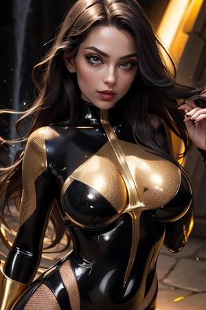 A close-up shot of a sultry villainess, framing her striking features against a warm, golden glow. Her long, dark hair cascades like a waterfall of night, its lustrous texture illuminated by soft lighting that accentuates the rich tones. She wears a vibrant, metallic bodysuit. Her pose exudes confidence and menace, as if plotting her next dastardly move.