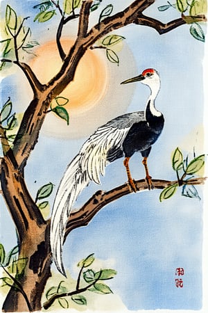 A majestic, long-tailed bird with vibrant plumage sits proudly atop a gnarled fruit tree branch, its textured limbs providing a striking contrast to the bird's soft, feathery form. The artist's brushstrokes bring depth and dimension to the scene, as sunlight casts a warm glow on the bird's iridescent feathers.