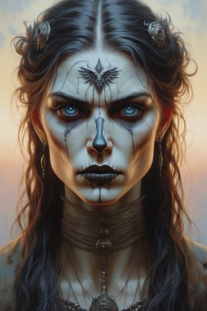 She reeks with anger but is yet composed, her face speaks so much of her pain, beautiful sad and angry, highly detailed, masterpiece oil painting in the style of Gerald Brom, soft light hyper clean stroke,ink. 