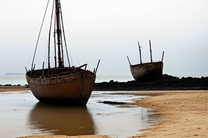 A weathered shipwreck lies scattered on the deserted island's sandy shores, its once-sturdy frame now partially rotting and covered in vines. The worn wooden planks, kissed by sea spray, exude a sense of abandonment and loneliness as the sun casts long shadows across the desolate beach. Brushstrokes blend with the rustic hues, evoking a poignant atmosphere of isolation.