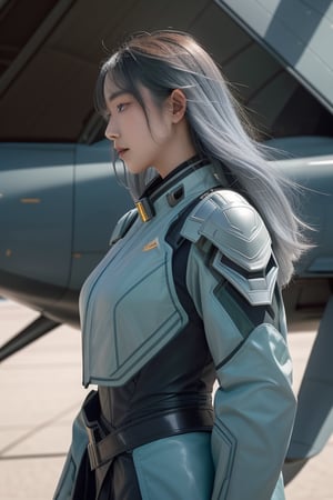 A majestic shot of a mysterious pilot, Kiritani Mirei likeliness in her striking features, stands tall amidst a day lit, atmospheric hangar. Her striking blue-grey-white hair, while her expressive brown-green eyes gleam with an air of intrigue. The camera frames her profile, highlighting the intricate details of her futuristic attire as she gazes out into the unknown.