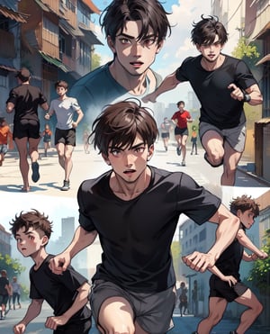 Sharp focus, dramatic, photorealistic painting art by midjourney, 2 boys running, playing,  (t-shirt:1.2),(shorts), ((city slums)), (looking at viewer:1.2), (detailed pupils:1.3), wat3rc0l0r