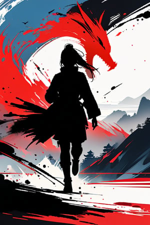 1girl, running assassin with a bushido, silhouette, ink brushstrokes in background, upper body, dynamic brushstrokes, masterpiece quality, stunninh image, INK