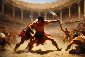 A masterpiece of oil painting style depicts a thrilling battle between two gladiators in a crowded coliseum arena. Shrouded in deep shadow, their chiseled bodies and muscular arms exude strength as they clash in a fierce duel stance. Dust and gravel fly off their sandals as they engage in a brutal fight, the excitement of the crowd palpable in the air. The scene's gritty details and sense of history transcend time, immersing the viewer in an era long past.