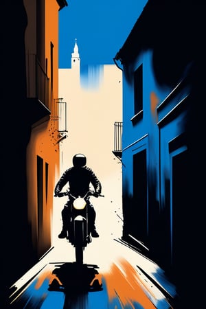 A darkened alleyway at dusk, bathed in hues of blue and white, where one figure, dressed in black, runs swiftly into the frame. In hot pursuit is a motorcyclist, his silhouette prominent against the ink-strewn sky. Dynamic brushstrokes of indigo and grey dance across the upper body, as if infused with the energy of the chase. The contrast between the bold rider and the fleeing figure creates a visually stunning masterpiece, masterfully captured in INK.