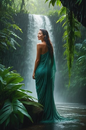 A serene scene unfolds: a woman stands at the edge of a lush jungle waterfall, her rain-soaked features illuminated by the soft mist. Cascading droplets reflect off her wet skin, drenched, enhancing her contours accentuating her radiant smile. Playful splashes of water dance around her as she leans slightly into the veil of rain, embracing the tranquility of the rainy season's atmosphere.