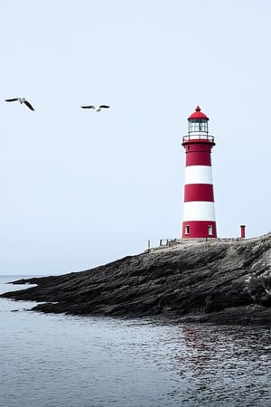 A majestic red-and-white striped lighthouse stands alone on the serene shoreline, bathed in soft white and grey hues. Gulls soar overhead, their silhouettes against the subtle tint of the sky. The composition is masterful, with the lighthouse's rugged grandeur juxtaposed against the gentle sea and sky.