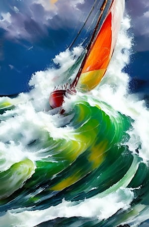 Turbulent Sea: 'Catch' Struggle Against Massive Wave. Brushstrokes of whitewater fury engulfing yacht's hull as it battles against cresting blue-green monolith. Waves' ferocity and yacht's desperation captured in swift, dynamic strokes.