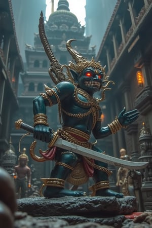 A fierce Asura stands guard at the temple of Buddha, a grey 4-feet structure. The Asura's angry eyes gleam with intensity, adorned with golden ornaments. In one hand, it wields a haggard sword, and in the other, a thick, long staff. The scene is framed with the Asura in the foreground, the temple behind, under dramatic lighting that highlights the Asura's menacing presence.