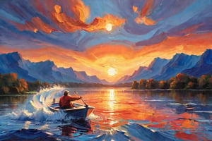 A realistic oil painting capturing the breathtaking moment when day yields to night's whispers. Against a backdrop of orange, crimson, and cobalt blue, ripples on the surface of the lake caused by rhythmic raindrops. The setting sun casts a warm glow on the boatman, as if infused with divine light. In the foreground, a dynamic wave rises like a mighty fist, its foamy crest glistening in the fading light. The green-bluish lake stretches out to infinity, a canvas of cerulean serenity awaiting the dawn's palette. Rocky green hill surroundings.