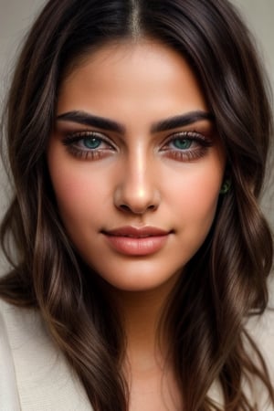 A professional Sony a7 III camera captures the female subject's brown features with precision. A half-length facial portrait taken outdoors, the soft smile and slight mouth folds create a warm, inviting atmosphere. Greyish-green eyes shine bright, with medium pupils and minute details on the eyelashes. Hair is meticulously detailed, with softly reflected highlights. Facial expressions are perfectly captured, with natural skin texture and meticulous ear, eyebrow, and eyelash details. Tiny facial hairs add to the realistic portrayal. Soft makeup and realistic teeth complete the natural look. Accessories and clothing feature careful details, with perfect contrast and shadows