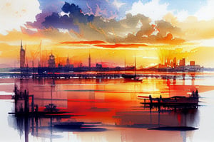 Watercolor Painting, a Captivating city Serene Sunset, 4k resolution, intricate highly detailed painting, hyperdetailed painting, complex, trending on artstation, sharp focus, studio photo, intricate details, ,ChineseWatercolorPainting,wtrcolor style,wgz_style