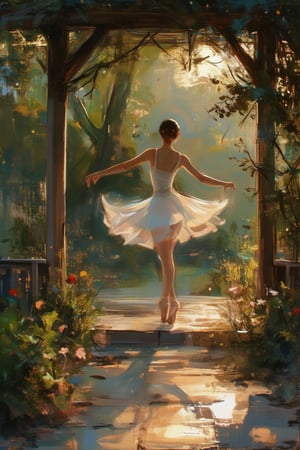 A graceful ballerina in a flowing tutu, practicing her pirouettes in a charming backyard gazebo. The scene is bathed in soft, golden evening light, casting gentle shadows on the wooden structure. The ballerina stands en pointe, her arms extended elegantly, as she spins gracefully. The gazebo is surrounded by lush greenery and blooming flowers, creating a serene and picturesque setting.