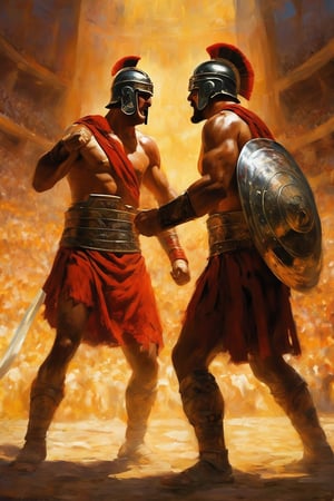 In a masterful oil painting, two gladiators stand in a deep shadow, illuminated by the flickering torches of the crowded coliseum arena. The air is thick with dust and gravel as they face off in a fierce battle. Their chiseled bodies glisten with sweat, their muscular arms coiled for attack, as they adopt an aggressive duel stance. The scene pulses with energy, capturing the grit and intensity of the fighters, while the excited crowd looks on in awe.