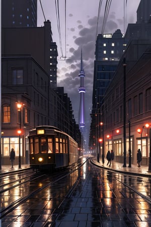 Toronto evening: A textured relief oil painting featuring a tram, gliding along cobblestone streets. Pedestrians, some with umbrellas, stroll beside the tracks as their reflections seen on the rainy ground. Against this mystical backdrop, the sky's deep blues and purples hint at a recent rain shower.