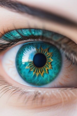 Close-up shot of a mesmerizing aqua-green iris, with subtle nuances of blue dancing across its surface. The soft focus and shallow depth of field draw attention to the intricate details within the pupil, as the reflected light of Dubai's iconic cityscape subtly ripples across her gaze.