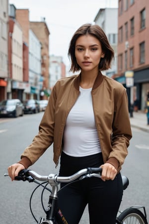 cinematic photo 1girl, Mixed heritage, slender figure, Undercut brown hair, unblemished smooth skin, in Sporty streetwear, open jacket, on her bicycle, . 35mm photograph, film, professional, 4k, highly detailed city street background.
