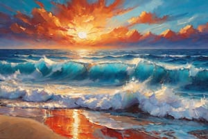 Awe-Inspiring Realistic Turquoise Horizon: A realistic oil painting capturing the breathtaking moment when day yields to night's whispers. Against a vibrant backdrop of orange, crimson, and cobalt blue, waves crash onto the shoreline with rhythmic fury. The setting sun casts a warm glow on the wet sand, as if infused with divine light. In the foreground, a dynamic wave rises like a mighty fist, its foamy crest glistening in the fading light. The turquoise ocean stretches out to infinity, a canvas of cerulean serenity awaiting the dawn's palette.