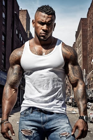 A striking manga-style illustration of a dark-skinned robust male from 'The Bronx' chiseled muscular physique, a ripped white undershirt, blue jeans,  tattoo on upper arm,  looking away from the viewer. The rough, rugged street background makes for a gritty scene, adding to the urban atmosphere. The focus is solely on the male subject, framed by a subtle border. His demeanor adds an edgy touch to this monochromatic portrait.