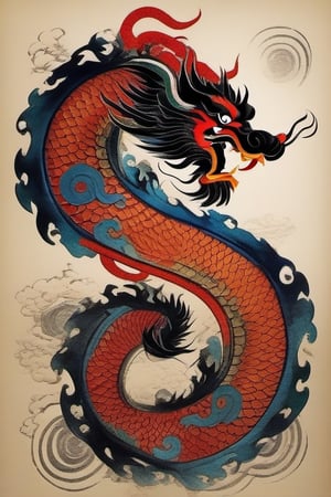 Chinese ink style, top view, a long colorful  dragon moves symmetrically 