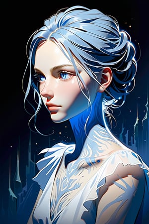A melancholic portrait: A woman, bathed in cold blue light, sits pensively with a canvas of emotions on her face. Soft brushstrokes evoke Gerald Brom's style, capturing delicate shadows on her skin. Her gaze conveys the depths of her thoughts. The background fades to haze, into darkness.