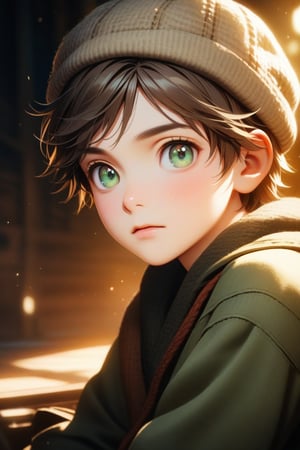 (full_body_portrait, sitting, 1boy, shabby looking boy, Oliver Twist, cute dirt face, curly light brown hair under a wool cap, blu-green eyes gazing eagerly at the viewer, highly detailed, vibrant, cinematic character render, ultra high quality model, (Full HD render + immense detail + dramatic lighting)
