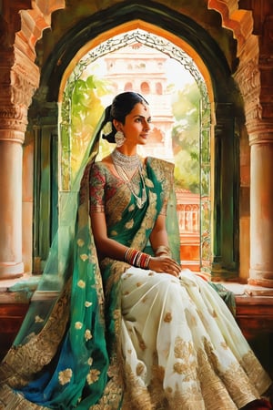 Majestic Indian Queen - A regal portrait of the revered monarch seated within the ornate archway of a grand window, where lush greenery of the royal gardens sprawls majestically beneath. The queen's serene visage exudes elegance, modesty, and humility, as her beauty shines like a beacon across the entire region, commanding reverence from her devoted subjects.