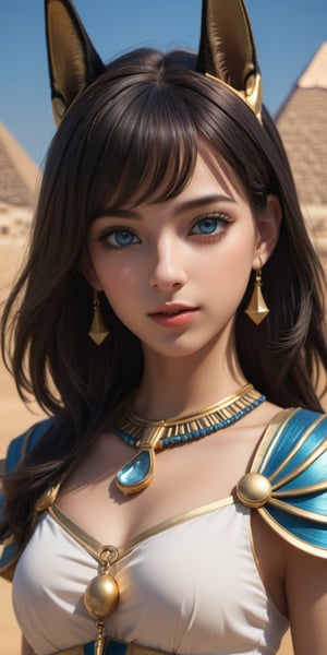 ((12year old girl:1.5)), 1girl,  petite girl, children's body, beautiful shining body,petite,beautiful girl with fine details,detailed face,
bangs,((darkbrown hair:1.3)),((very short hair:1.4)),
high eyes,(aquamarine eyes),tall eyes,Beautiful and delicate eyes,  Beautiful eyes,((tareme,animated eyes, big eyes,droopy eyes:1.2)),(thick eyebrows),
((Anubis inspired costume: 1.4))
((Egypt, Pyramids))
black skin,natural light,((random expression)),random Angle,
((realism: 1.2 )), dynamic far view shot,cinematic lighting, perfect composition, by sumic.mic, ultra detailed, official art, masterpiece, (best quality:1.3), reflections, extremely detailed cg unity 8k wallpaper, detailed background, masterpiece, best quality , (masterpiece), (best quality:1.4), (ultra highres:1.2), (hyperrealistic:1.4), (photorealistic:1.2), best quality, high quality, highres, detail enhancement,more detail XL,centered angle, upper body, | symetrical eyes, luminous eyes, detailed face, | 1girl, short hairstyle, (dark blue hair color:1.2), (bright eyes:1.1), | symetrical crown, egyptian, egyptian clothes, egypt godess, | egypt, piramid, ancient metropolis, aliens technology, aliens, ovnis, | stars, planets, sky, universe, | hyperealistic shadows, smooth detailed,