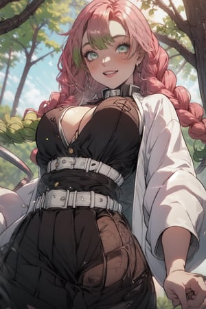 masterpiece, best quality, (detailed background), (beautiful detailed face, beautiful detailed eyes), absurdres, highres, ultra detailed, masterpiece, best quality, detailed eyes, 1_girl, pink lips, neck bone, midnight, mitsuri(demon slayer), green_eyes, pink hair, multicolored hair green, well-toned woman, pale skin, modified pink tinted version of the standard Demon Slayer uniform along with a plain white haori, chest area of her uniform is left unbuttoned and she wears a short pleated skirt in place of the usual tattsuke-hakama pants, blue thigh-high socks layered with the vertically striped lime-green socks, full background in the woods, upper body, smile, battle pose, holding a sword