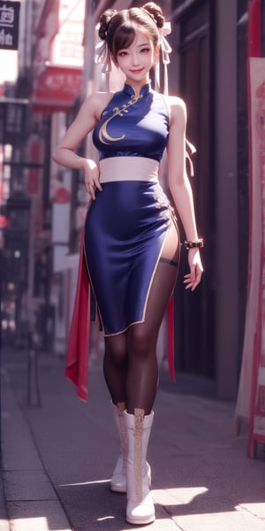 perfecteyes, best quality,good anatomy, pretty face,masterpiece, full_body,beautiful,good hands,long clothes HD, beautiful outfit , blue qipao, long qipao , SF2 CHUN, 3DMM, brown tights, big legs, streetfighter, muscular body, white boxing boots,look at the viewer , perfect shot, realistic, nice hair, pretty face, pretty eyes, nice hands, perfect body, perfect feets,3DMM, powerful shot, shining eyes, soft makeup, expressive eyes,SF2 CHUN , one side hair, strands of hair in eyes, brown eyes