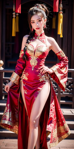 The image features a 3D-rendered female character dressed in an elaborate traditional Chinese qipao. The garment is richly decorated with gold patterns and has a high slit on the side, revealing one leg. The character's hair is styled into two braids tied with red ribbons, and she appears to be standing in a dynamic pose, as suggested by the flowing ribbons that seem to be in motion around her. The background is dark, adorned with intricate golden designs that resemble traditional Chinese motifs, possibly suggesting a connection to the theme of the attire. The overall color scheme is dominated by red and gold, which are often associated with Chinese culture and festivities.