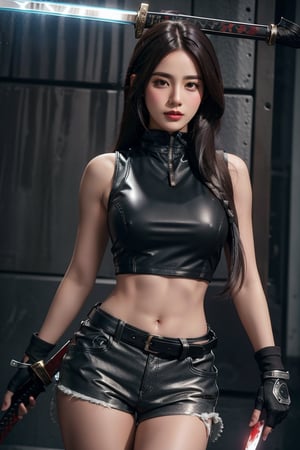 Best quality, masterpiece, ultra high res, cinematic, photorealistic, ultra-detailed, finely detailed, high resolution,girl1 girl, beautiful face, in a crime scene, detailed skin, black hair, blood, staring at viewer, dark brown eyes,floating hair, silver color dreadlocks hair, Athletic but Curvy Body Type, holding a futuristic Samurai sword handle, wearing black sexy black vest with short leather jacket, fingerless gloves, white shorts, nail polish